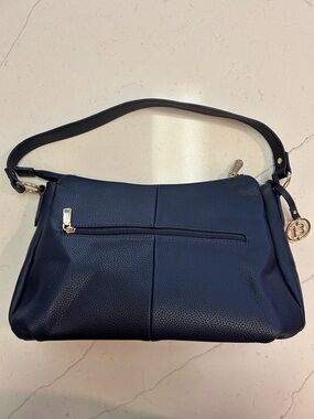 Bostanten Pebbled Navy Shoulder Bag with Gold Charm